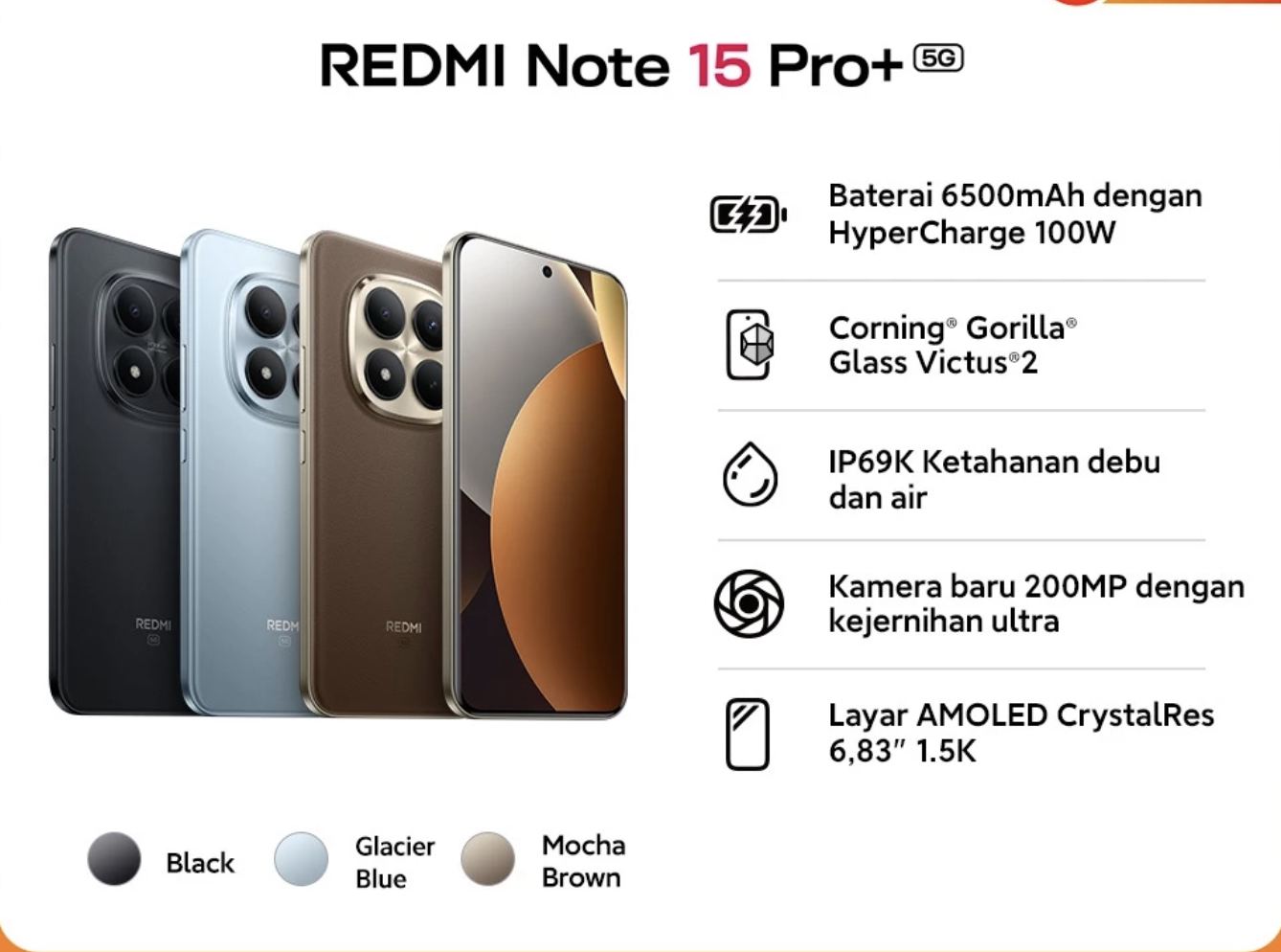 Xiaomi Redmi Note 15 Pro+ 5G (8/256 GB) | Baterai 6500mAh dengan HyperCharge 100W | Corning® Gorilla® Glass
